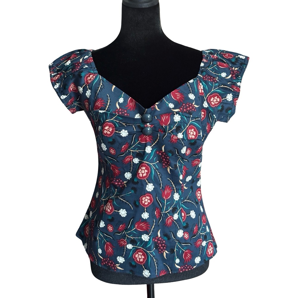 ModCloth x Collectif Floral Sweetheart Cap Sleeve Blouse Teal US 10 UK 14 L
